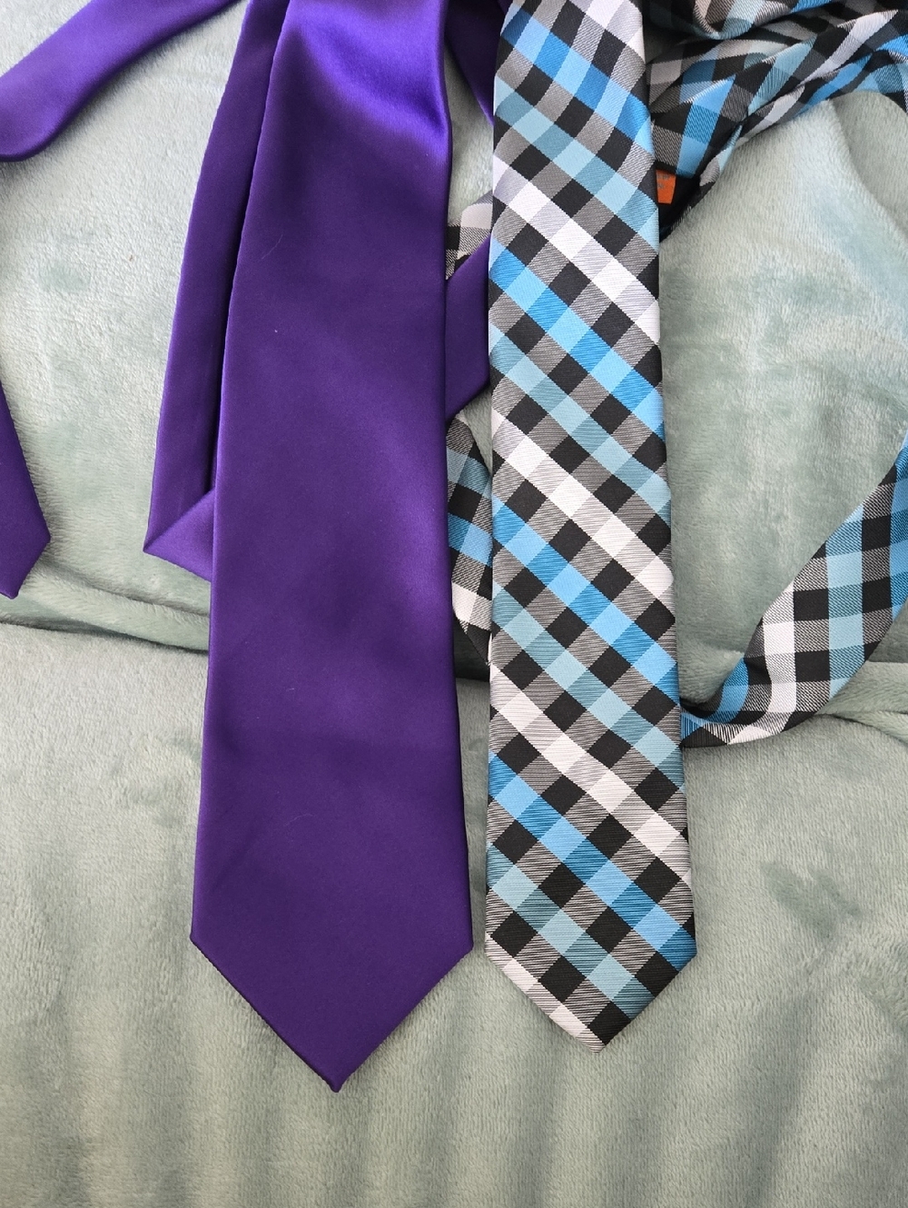 Men's Two-Tie Set — Purple Solid Tie & Blue Plaid Tie